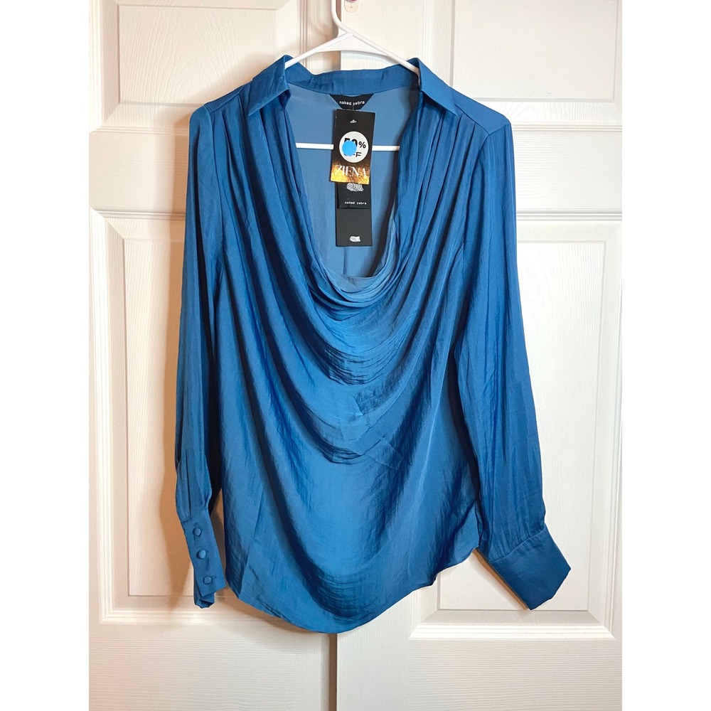Naked Zebra Ocean Blue Draped Cowl Neck Blouse Button Cuff WB4889 Large NWT